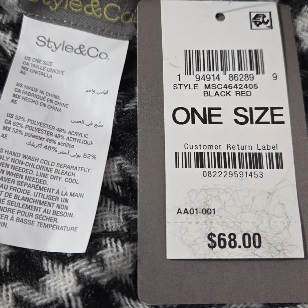 NWT Style & Co Women's Houndstooth Reversible Topper Wrap Black Red